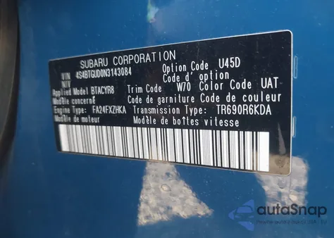 2022 Subaru Outback Wilderness z USA, uszkodzony, nr VIN 4S4BTGUD0N3143084